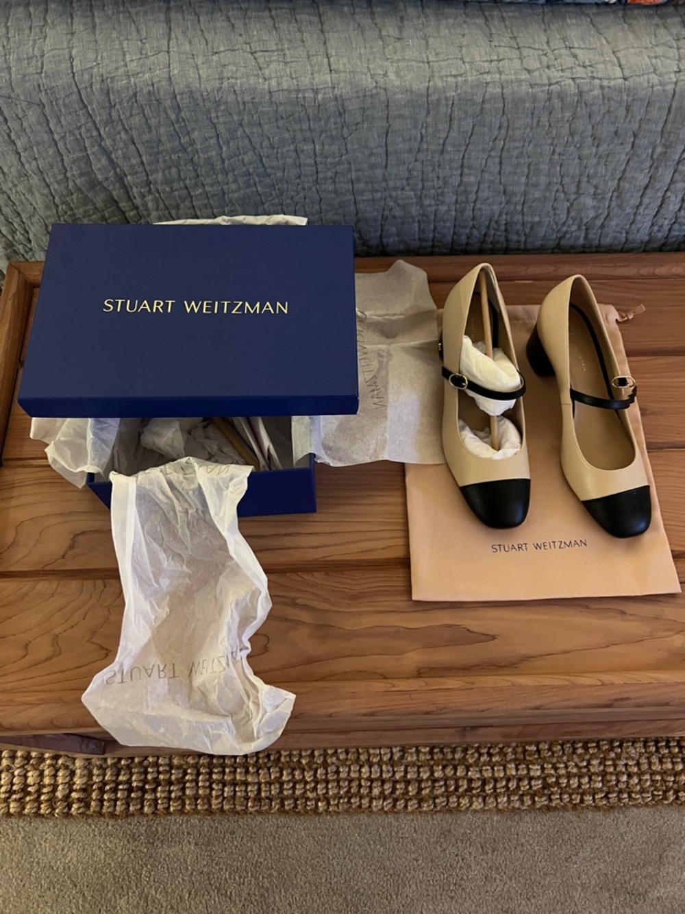 Stuart Weitzman Beige and Black Mary Jane Pumps